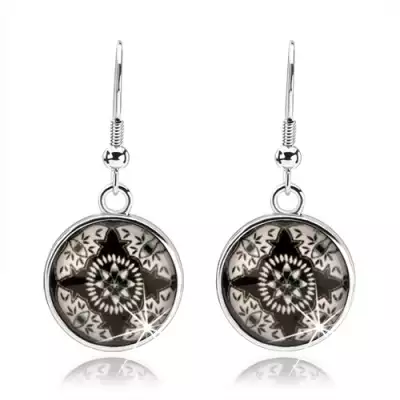 Kaboson fülbevaló, kidomborodó üveg, fekete-fehér kép - csillag, virág, szemek