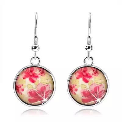 Kerek fülbevaló kaboson stílusban, kidomborodó üveg, piros virágok, zöld levelek