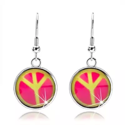 Kaboson fülbevaló kidomborodó fénymázzal, béke jel, rózsaszín és sárga szín