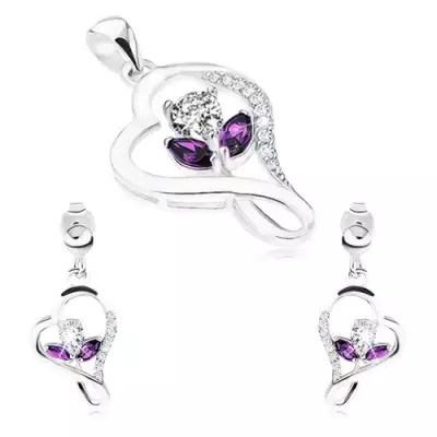 925 ezüst szett, fülbevaló és medál, szív kontúr, cirkóniás virág