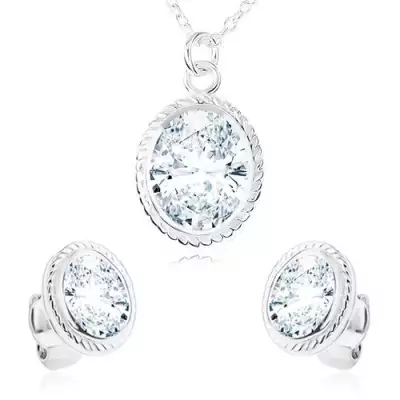 Nyakék és fülbevaló, 925 ezüst, átlátszó cirkóniás ovális, rovátkolt keret