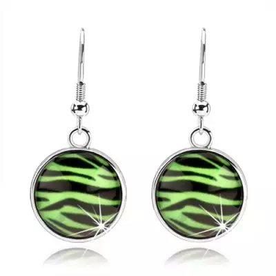 Kaboson fülbevaló kidomborodó üveggel, zebra minta zöld-fekete kombinációban