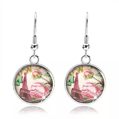 Cabochon fülbevaló, kör fénymázzal, Eiffel torony, pillangó, rózsa levelekkel
