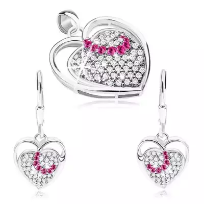 925 ezüst szett, fülbevaló és medál, szív körvonal, szív cirkóniákkal