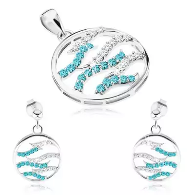 925 ezüst szett, fülbevaló és medál, kör, átlátszó és kék cirkóniás hullámok