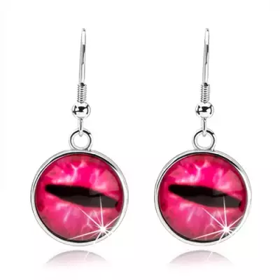 Kerek cabochon fülbevaló, átlátszó domború üveg, rózsaszín macskaszem