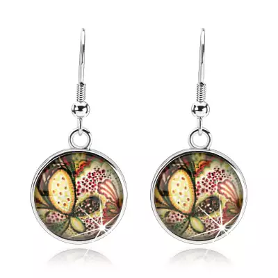 Fülbevaló domború fénymázzal, színes pillangó, virágok, afrikai akasztó