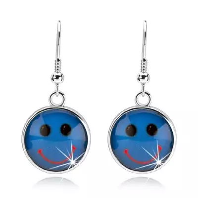 Cabochon fülbevaló, fénymáz, smile kék alapon, afrikai horog