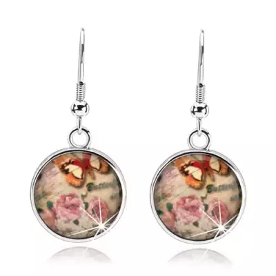 Cabochon fülbevaló, üveg átlátszó és fehér virágokkal, barna-fehér pillangó, felirat