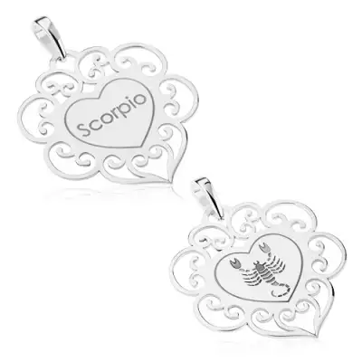 Ezüst 925 medál, lapos fényes szívecske filigrán mintával, SKORPIÓ csillagjegy