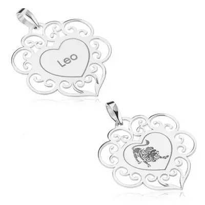 925 ezüst medál, lapos szív mintákkal, OROSZLÁN csillagjegy