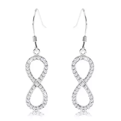 925 ezüst lógó fülbevaló, INFINITY szimbólum, átlátszó csillogó cirkóniák