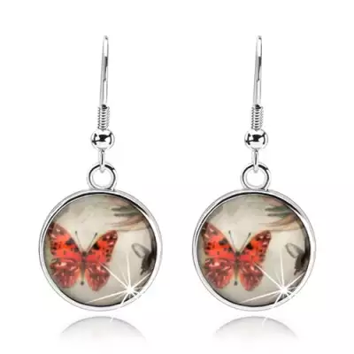 Kaboson fülbevaló, átlátszó kidomborodó fénymáz, narancs és fekete-fehér pillangó