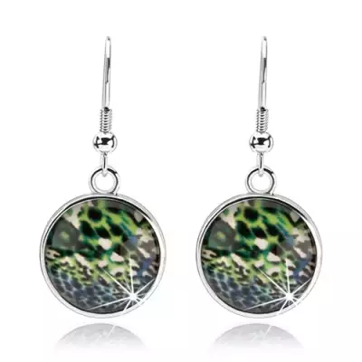 Cabochon fülbevaló, ezüst szín, átlátszó üveg, színes absztrakt minta