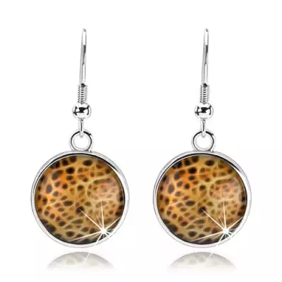 Kerek fülbevaló, domború sima üveg, absztrakt minta - háló, cabochon