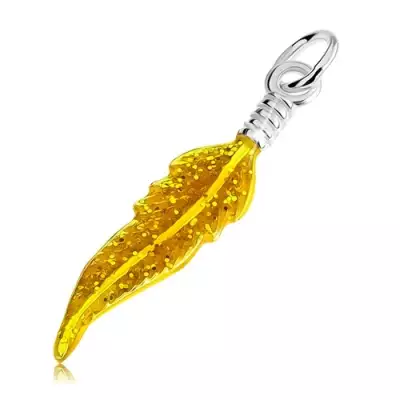 Medál 925 ezüstből, gravírozott toll, sárga fénymáz, narancs csillámok