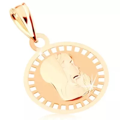 Medál 9K sárga aranyból - kerek tábla Szűz Máriával, fényes-matt