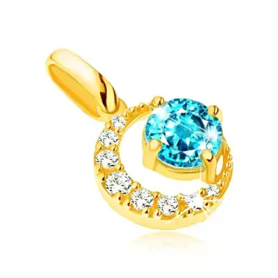 Medál 14K sárga aranyból, cirkóniás félhold, kerek, kék topáz