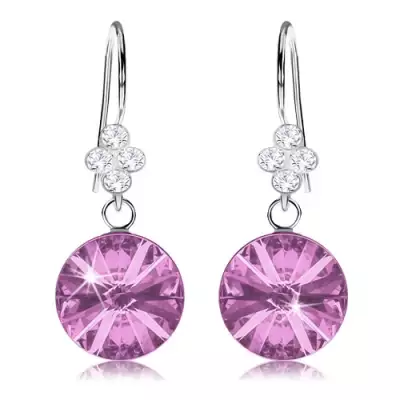 925 ezüst fülbevaló, kerek Swarovski kristály ametiszt színben, 11 mm
