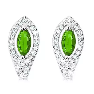 Fülbevaló, 925 ezüstből, smaragdzöld színű búzaszem, átlátszó cirkóniás körvonallal