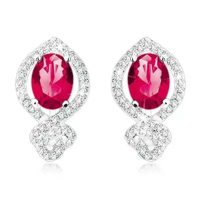 Csillogó fülbevaló, 925 ezüst, piros-rózsaszín ovális alakú, átlátszó cirkóniás kerettel