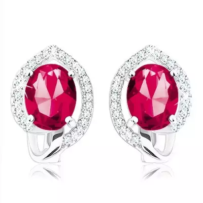 925 ezüst fülbevaló, ovális pirosas rózsaszín cirkónia, átlátszó körvonallal