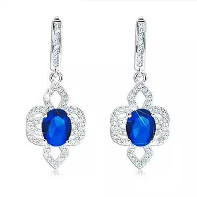 Fülbevaló 925 ezüstből, aszimmetrikus virág - kék ovális cirkónia, átlászó szirmokkal