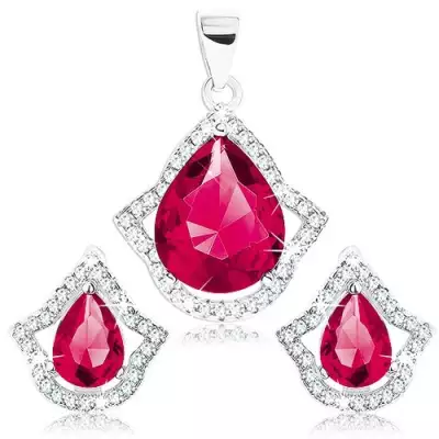 925 ezüst szett - medál és fülbevaló, pirosasrózsaszín könnycsepp átlátszó körvonalban