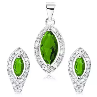 Szett 925 ezüstből, medál és fülbevaló, zöld búzaszem cirkónia, átlátszó kontúrral