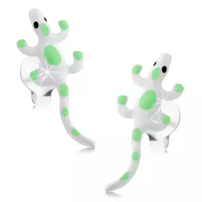 925 ezüst fülbevaló, fehér fénymázas gyík zöld pontokkal