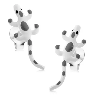925 ezüst fülbevaló, fehér fénymázas gyík szürke foltokkal, stekker