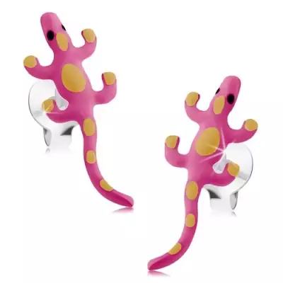 Bedugós fülbevaló, 925 ezüst, gyík, rózsaszín fénymázas, sárga pontokkal