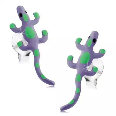 925 ezüst fülbevaló, világoslila gyík zöld foltokkal, fénymáz