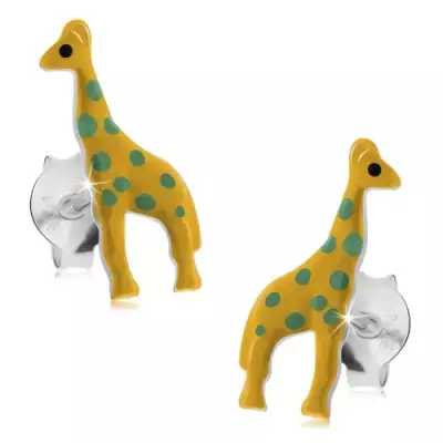 Bedugós fülbevaló, 925 ezüst, sárga fénymázas zsiráf zöld pontokkal