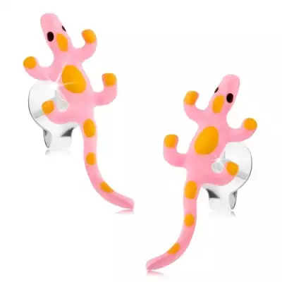 Bedugós fülbevaló, 925 ezüst, világosrózsaszín gyík, sárga pontokkal