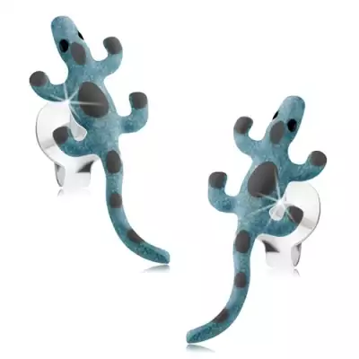 Bedugós fülbevaló 925 ezüstből, gyík, kék fénymázzal és szürke pontokkal