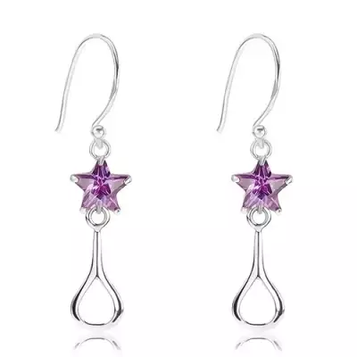 925 ezüst fülbevaló, csillogó, lila csillag, fényes könnycsep körvonal