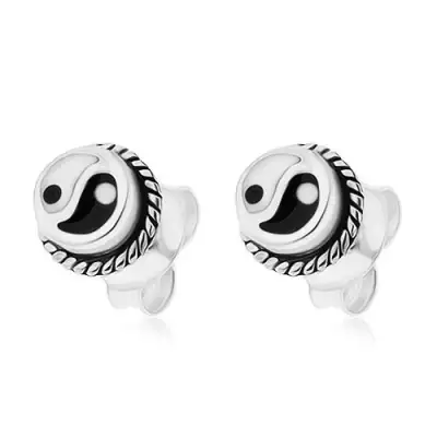 Kerek, bedugós fülbevaló, 925 ezüst, fekete-fehér Jin és Jang szimbólum