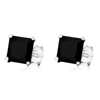 Fülbevaló 925 ezüstből, fekete szögletes cirkónia, stekker, 7 x 7 mm