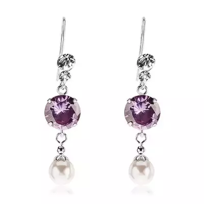 925 ezüst fülbevaló, átlátszó Swarovski kristály, lila cirkónia, fehér gyöngy