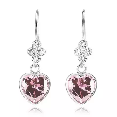925 ezüst fülbevaló, átlátszó Swarovski kristályok, rózsaszín cirkóniás szív