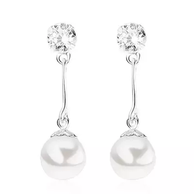 Beszúrós fülbevaló, 925 ezüst, átlátszó cirkóniák, gömbölyű fehér gyöngy