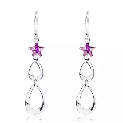 Fülbevaló 925 ezüstből, cirkóniás csillag lila színben, cseppkörvonal