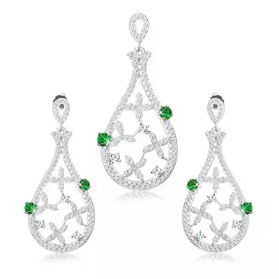 Szett medálból és fülbevalóból, 925 ezüst, cseppkörvonal, zöld cirkóniák, átlátszó virágok