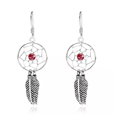 Függő fülbevaló 925 ezüstből, kerek álomfogó, sötétpiros gyöngy, 15 mm