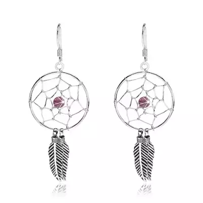 Függő fülbevaló, 925 ezüst, lila golyó, álomfogó tollakkal, 20 mm