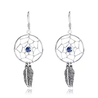 925 ezüst függő fülbevaló, sötétkék gyöngy, álomfogó, 20 mm