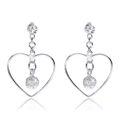 925 ezüst fülbevaló, szívkörvonal, átlátszó Swarovski kristály, csillogó golyó