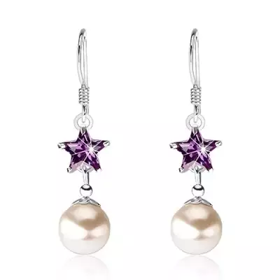 925 ezüst fülbevaló, lila cirkónia - csillag, gyöngy, afrikai horog