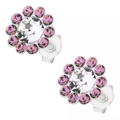 Fülbevaló 925 ezüstből, csillogó virág, átlátszó és lila színű Preciosa kristály